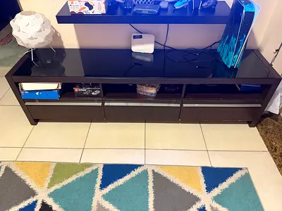Low TV Entertainment Unit with Drawers - Dark Wood, Glass Top