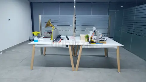 White 2-Seater Office Desk with Divider — Modern Wooden Legs