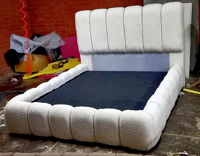 White Upholstered Bed Frame with Padded Headboard (Queen Size)