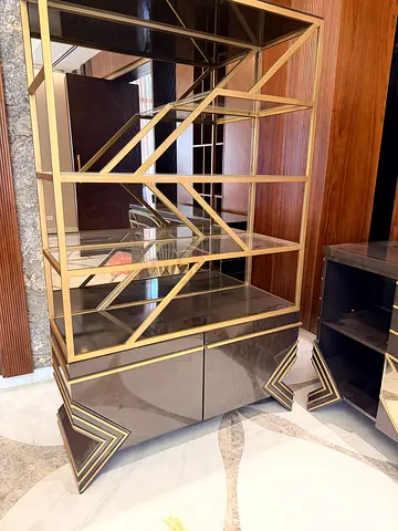 Modern Gold and Glass Display Shelf with Storage Cabinet