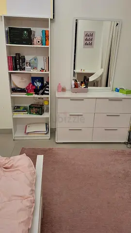 White dresser with mirror and matching bookshelf - good condition