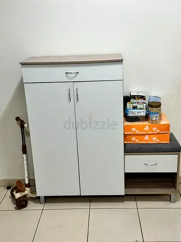 Small white shoe cabinet with bench - compact hallway storage
