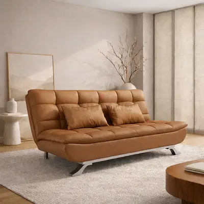 Convertible Tan Leather Sofa Bed — Modern 2-3 Seater
