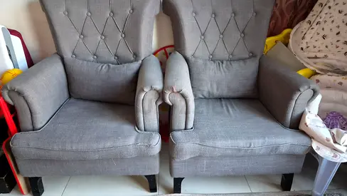 Pair of Grey Fabric Wingback Armchairs