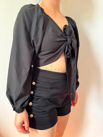 Womens Black Crop Top and Shorts Set
