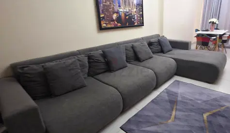 Large Grey L-Shaped Fabric Sofa with Chaise - Good Condition