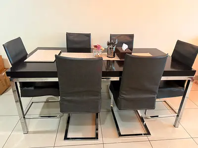 Modern Black Dining Table with 6 Grey leather Upholstered Chairs