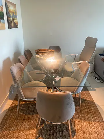 Glass Top Dining Table with or without 6 Velvet Chairs - Good Condition