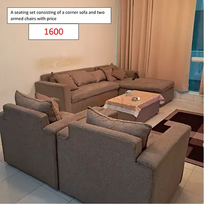 A seating set consisting of a L shape sofa and two chairs