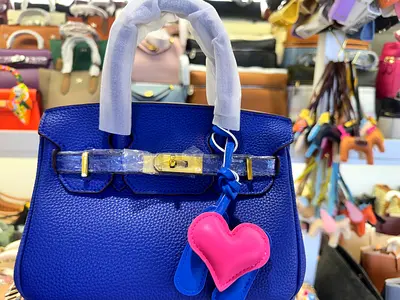 Hermes Blue Leather Top Handle Bag with Heart Charm
