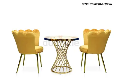 Matching 2 Yellow Velvet Dining Chairs with Marble Top Accent Table