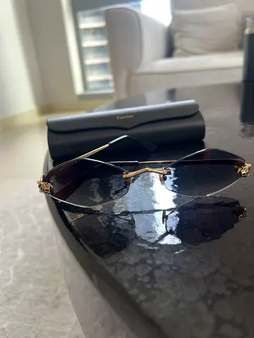 Gold-frame rimless sunglasses with case