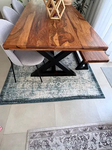 Solid Sheesham Wood Dining Table with Bench and Modern Rug (Used, Excellent Condition)