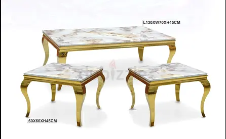 Marble-Top Gold Trim Coffee Table with Two Matching Side Tables - Set