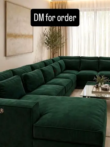 Large Dark Green Velvet L-Shaped Sectional Sofa (Custom Order)