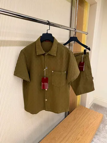 Gucci khaki monogram short-sleeve shirt and matching shorts set - brand new