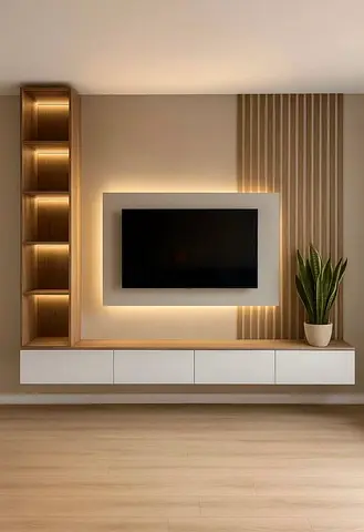 Modern wall-mounted entertainment unit with LED backlight and shelves