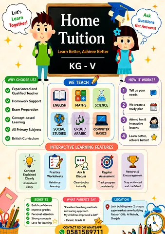 Home tution available for grade KG-V