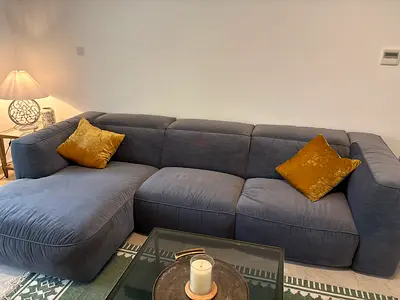 Comfortable 3-Seater L-Shape Blue Fabric Sofa with Chaise From Chattel  More