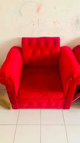 Red tufted 3+2 seater sofa with matching armchair (good condition)