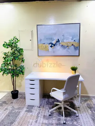 White Office Desk with 5-Drawer Pedestal and Swivel Chair