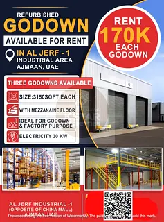 3150 SQ FT WITH MEZZANINE WAREHOUSE FOR RENT POWER 30 KW IN AL JURF INDUSTRIAL 1 AJMAN