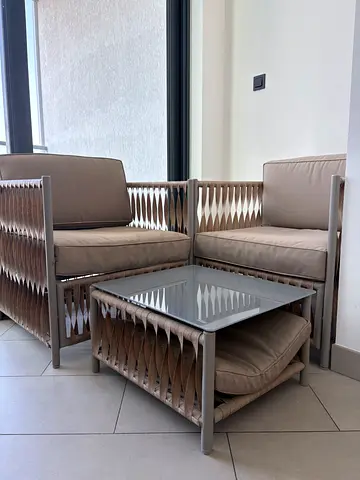 Outdoor/Patio chairs Coffee Table Set - Beige Cushions, Modern Rope Design