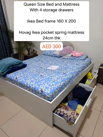 IKEA Queen Bed Frame 160x200 with 4 Storage Drawers + Hovag Pocket Spring Mattress