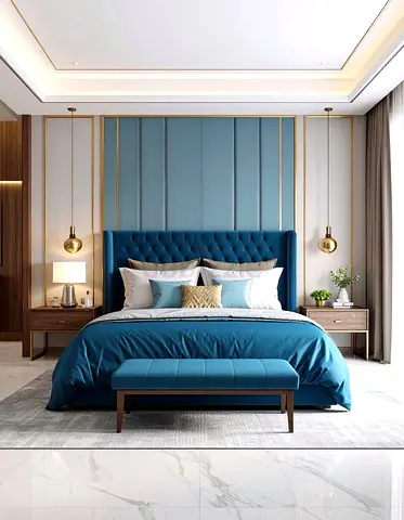 Modern upholstered king bed with padded headboard