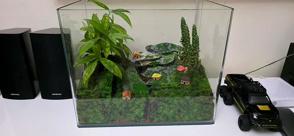 Glass Terrarium with Miniature Moss Landscape and Decorative Plants