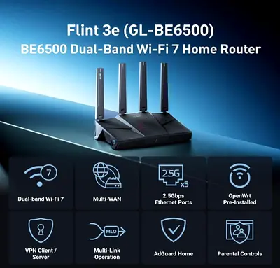 UNOPENED GL.inet Flint 3e (GL-BE6500) Dual-Band Wi‑Fi 7 Home Router - OpenWrt, Multi-WAN  - Glinet
