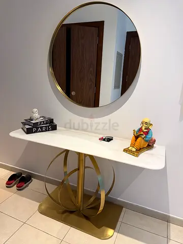 Marble Top Console Table and Mirror with Gold Metal Base