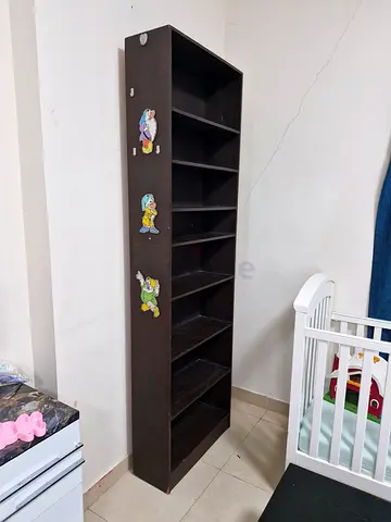 Tall Dark Wood Open Bookshelf - Good Condition - with kids decorations