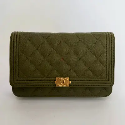 Authentic CHANEL BOY WALLET ON CHAIN IN KHAKI CAVIAR LEATHER WITH GHW