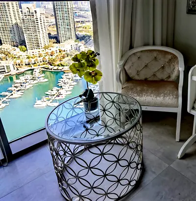 2 Round metal and glass side table — decorative living room accent