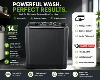 LG Twin Tub Washing Machine 14KG – Wind Jet Dry Roller Jet Pulsator 3 Wash Programs P2061NT (Black)