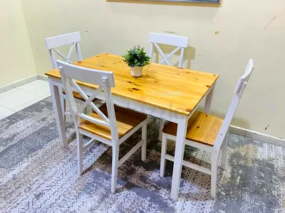 Wooden 4-Seater Dining Table Set - White Frame, Natural Top