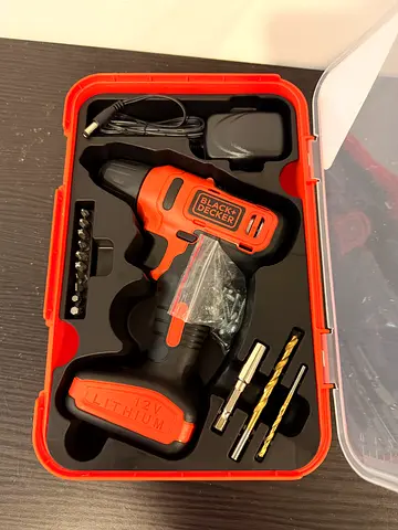 Black  Decker 12V Cordless Drill with Bits - Like New, Complete Kit, full household tool kit
