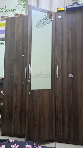 Dark Wood 3-Door Wardrobe with Mirror - Good Condition