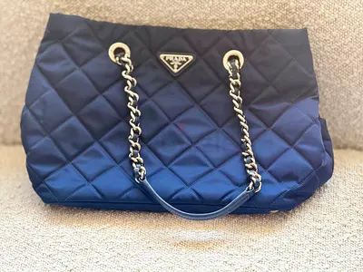 Prada Quilted Nylon Tote Bag with Chain Straps - Navy