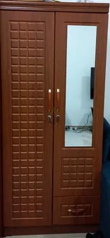Two-door Wooden Wardrobe with Mirror and Bottom Drawer