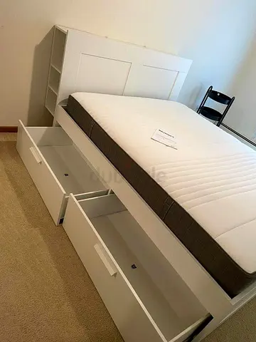White Storage Bed Frame with Headboard , Drawers and Mattress- Queen