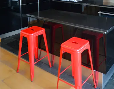Set of 2 Red Metal Bar Stools - Industrial Style, New Condition