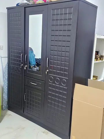 Dark Wood 3-Door Wardrobe with Mirror — Good Condition