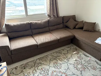 Corner L-shaped Fabric Sofa with Cushions - Brown, Good Condition only 4 months used