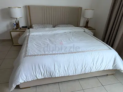 King size upholstered bed frame and mattress with headboard, Storage, bedside tables and Dresser