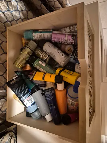 Assorted Acrylic and Enamel Craft Paints in Wooden Box