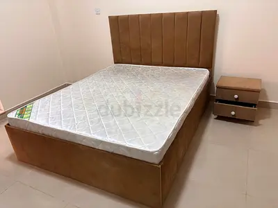 Queen bed frame, mattress with side table