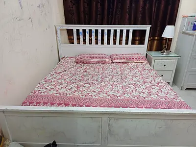 White Wooden Double Bed Frame with Headboard and Footboard (Used)