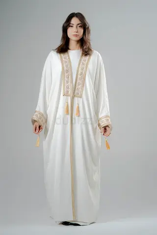 White Traditional Abaya with Gold Embroidery - Size M